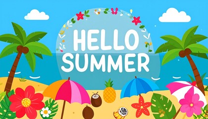 Summer beach scene with hello summer greeting