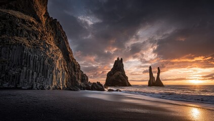 Dramatic sunrise over a black sand beach with basalt columns and sea stacks