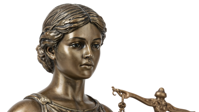 Closeup of lady justice bronze statue with scales symbolizing law, fairness, and legal authority on the transparent background