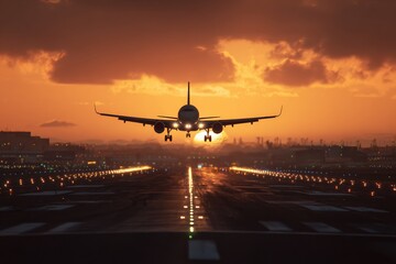 Airplane landing at sunset over city (2)