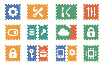 Settings Postage Stamps Icon Set – Flat Solid Color Vector Illustrations