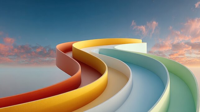 Colorful, curving pathways ascend towards a pastel sky