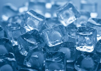 Obraz premium A close-up, abstract photo of translucent ice cubes in various shades of blue, creating a cold, refreshing texture