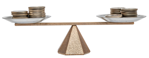 Balanced coins on wooden scale representing equality, savings, finance, wealth, and fairness in economic concepts