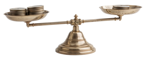 Vintage brass balance scale with metal weights on the transparent background symbolizing justice and finance concepts