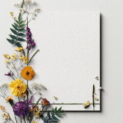Pressed flowers frame a textured white background