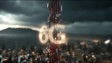 A 6G tower illuminated over a blurred cityscape at dusk. - Powered by Adobe