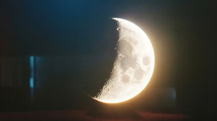 A dazzling crescent moon suspended in the deep velvet of the night sky, its luminous surface revealing intricate craters