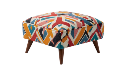 Colorful geometric pattern ottoman with wooden legs, modern boho home decor, accent furniture, upholstered footstool, ethnic textile
