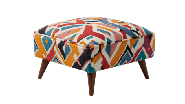 Colorful geometric pattern ottoman with wooden legs, modern boho home decor, accent furniture, upholstered footstool, ethnic textile