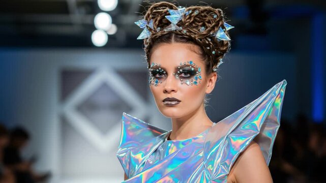 A Stunning Model Showcasing Futuristic Fashion on the Catwalk with Iridescent Materials and Sparkling Makeup in an Artistic Runway Show