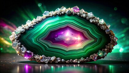 Vibrant Green and Purple Agate Geode Slice with Sparkling Crystals and Glowing Core