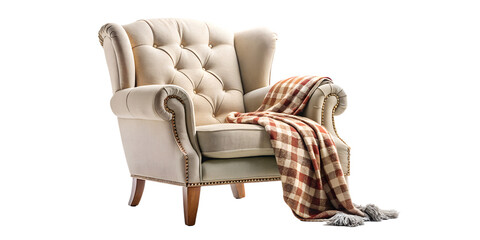 Elegant Wingback Armchair with Plaid Throw on Transparent Background