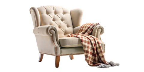 Elegant Wingback Armchair with Plaid Throw on Transparent Background