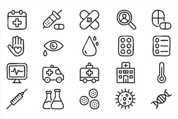 Healthcare and medicine vector illustrations with syringe, DNA, and virus symbols