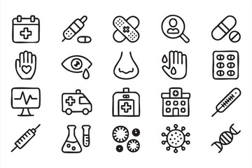 Vector medical and healthcare icons set with hospital, ambulance, and pills