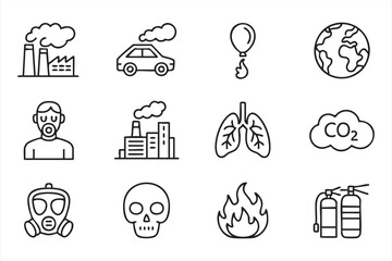 Industrial pollution vector illustrations with gas mask and toxic hazard signs