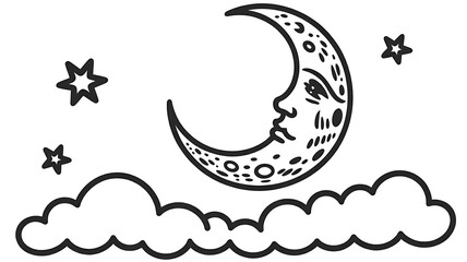 Obraz premium A whimsical line art drawing of a classic crescent man in the moon, accompanied by twinkling stars and fluffy clouds in the night sky
