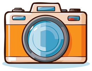 Retro style orange camera with blue lens and flash, graphic illustration