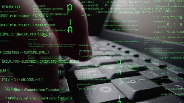 Creative visual of computer programming coding and software development shown by man working on computer keyboard with overlay of computer graphic displaying abstract program codes and computer script