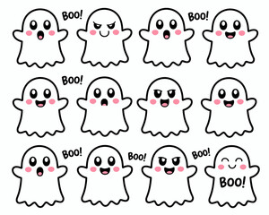 Cute cartoon ghosts collection spooky halloween characters expressing joy and surprise for holiday design silhouette