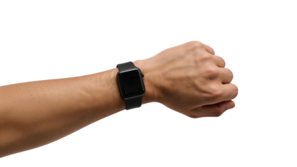 Closeup of hand wearing black smartwatch with blank screen on wrist against the transparent background modern technology fitness health