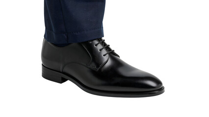 Classic black leather oxford dress shoe for men with navy formal trousers isolated on the transparent background