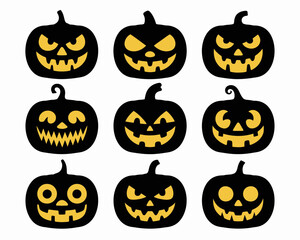 Collection of nine spooky jack-o-lantern faces for halloween celebration designs silhouette