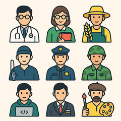 Flat Vector Icon Set of Professions and Jobs