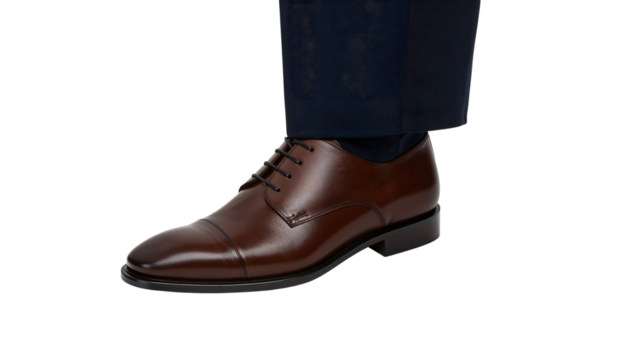 Classic brown leather oxford dress shoe for men paired with navy suit pant on the transparent background - Powered by Adobe