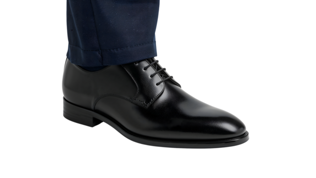 Classic black leather oxford dress shoe for men with navy formal trousers isolated on the transparent background
