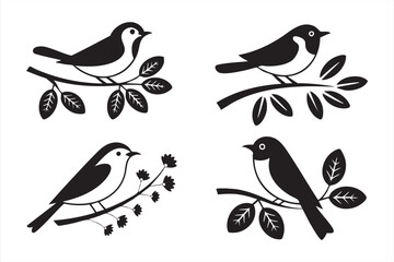 Decorative bird vector illustrations with leaves and flowers on branches