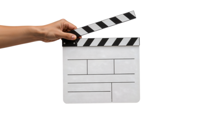 Hand holding classic movie clapperboard on the transparent background for filmmaking, cinema production, and video editing concepts