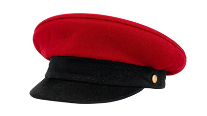 Red and black military style peaked cap with gold button isolated on the transparent background, classic uniform hat for fashion or costume