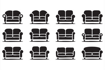 Household furniture icons featuring sofa silhouettes for apartment design