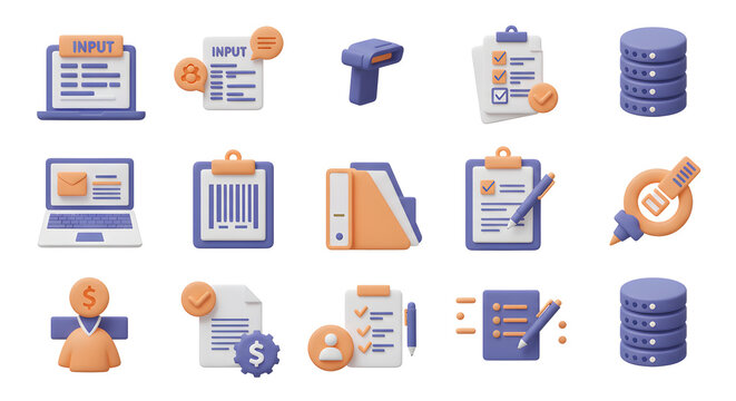 Modern 3D business and data management icons. Features financial transactions, digital input, storage, and processing concepts for technology projects