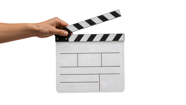 Hand holding classic movie clapperboard on the transparent background for filmmaking, cinema production, and video editing concepts - Powered by Adobe