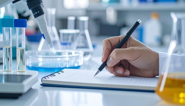 A scientist is taking notes in a lab notebook while surrounded by beakers, flasks, and a microscope, suggesting research or analysis.