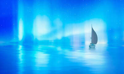 Silhouette of sailing luxury yacht along the route over dark sea - Northern lights aurora borealis 