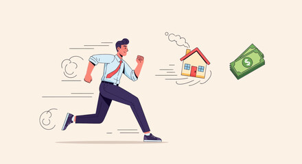 Businessman Running Towards House and Money Illustration