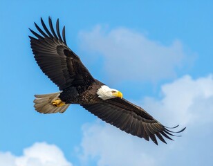 Obraz premium Bald eagle soaring in a clear blue sky