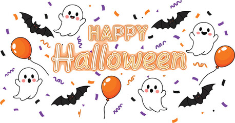Naklejka premium A festive happy halloween scene featuring cute ghosts, bats, balloons, and colorful confetti for a spooky celebration