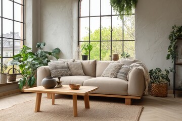 Modern living room with large windows and plants