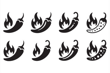 Vector spicy chili pepper icons with flames for hot food design