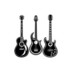Naklejka premium Three differently shaped and designed guitars displayed in a black and white image