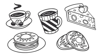 Black and white doodle clipart of coffee mugs, croissants, and toast. White background.