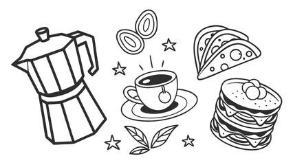 Hand drawn doodle set of coffee and breakfast items, black and white line art. White background.