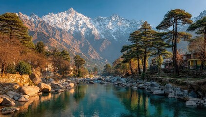 Mountain river, calm waters, snow-capped peaks, colorful foliage