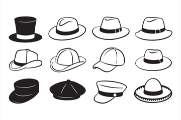 Vector collection of different hats including cowboy, baseball, and sombrero