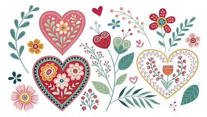 Romantic hearts and flowers decorative collection. Separate white background.